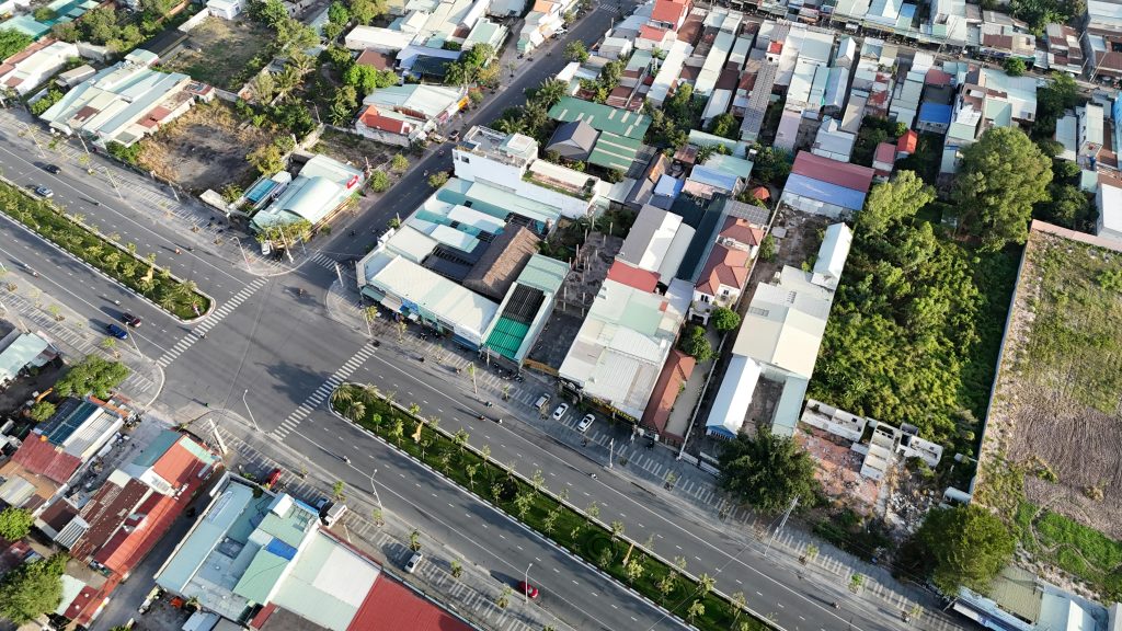 Aerial shot of Phú Mỹ, showcasing urban planning and residential area streets in Vietnam.