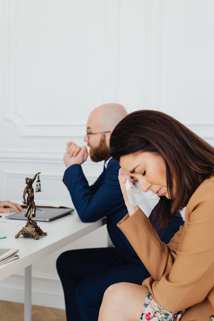 A tense meeting in a law office with concerned clients reflecting stress and worry.