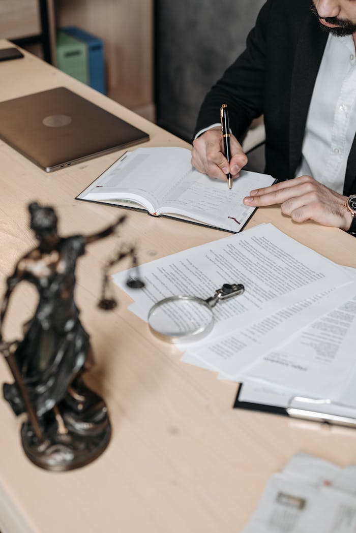 why-choose-us Professional working on documents at desk with legal statue and magnifying glass.