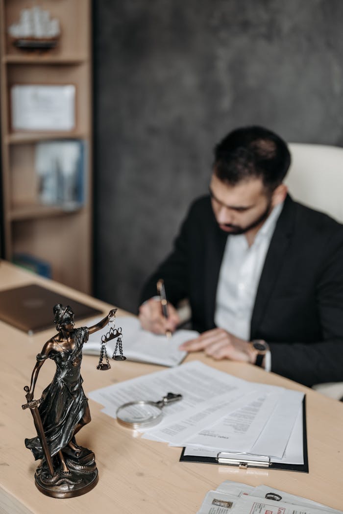hero-img-02 A lawyer concentrates on paperwork in an office; legal statue visible on desk.