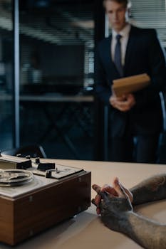 A tense interrogation scene featuring a detective and suspect with a tape recorder.