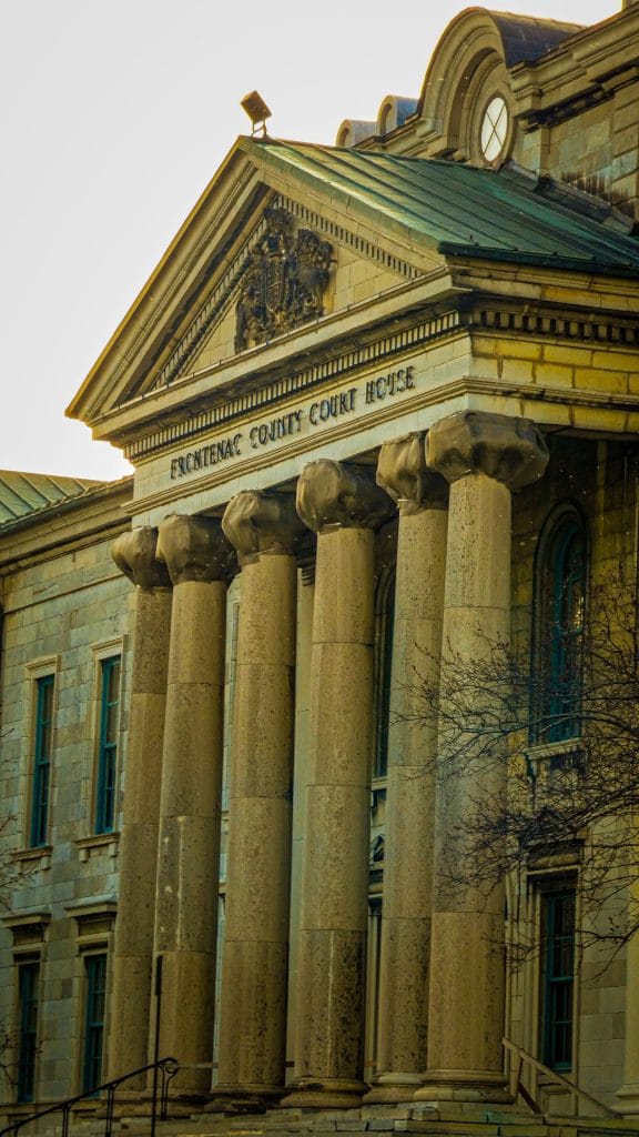 Classic façade of Frontenac County Court House, showcasing neoclassical architecture in Kingston, Ontario.
